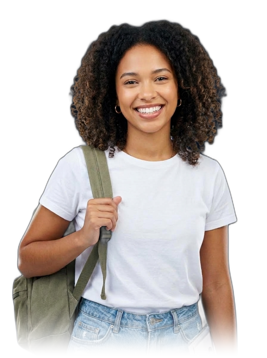 Aluna Genius Digital com cabelos cacheados e mochila
